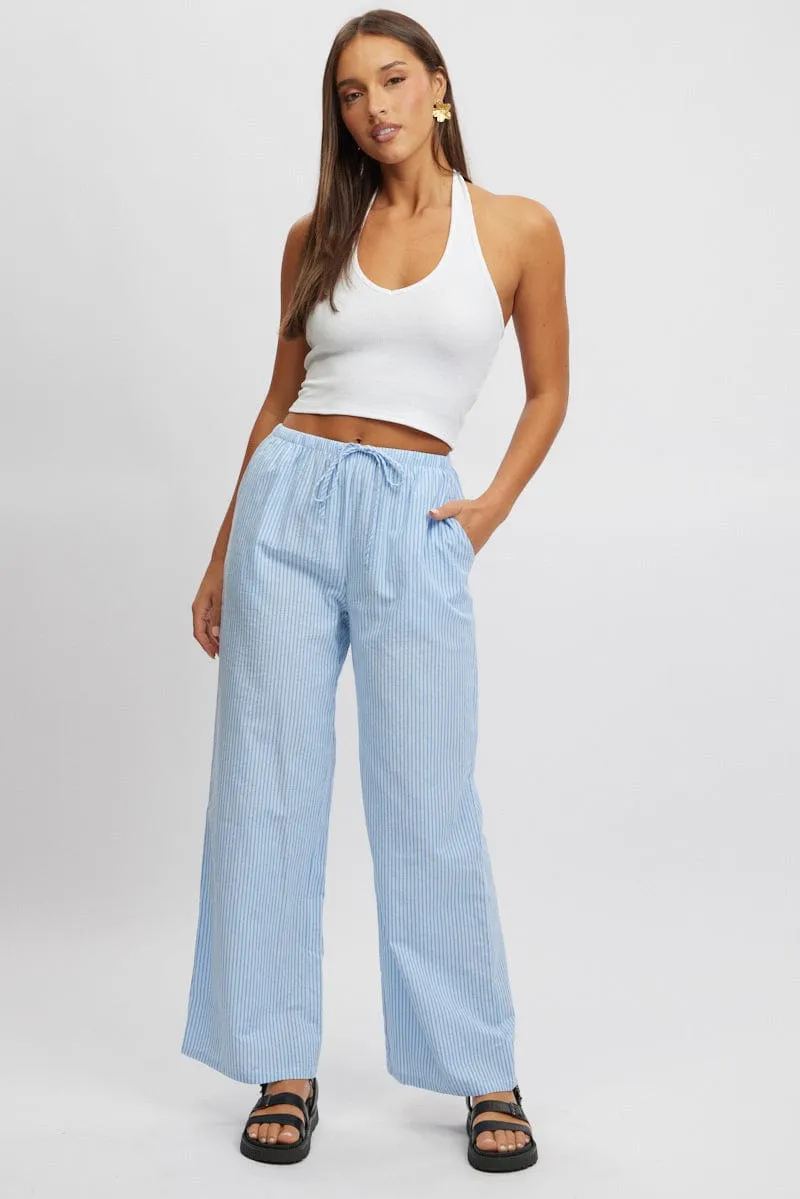 Blue Stripe Wide Leg Pants High Rise FunctionalZipper Pocket Reinforcement