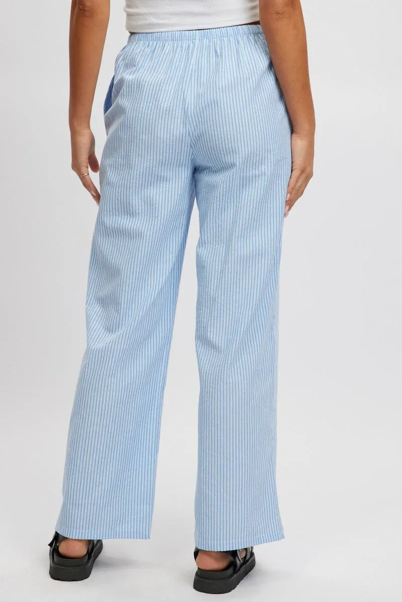 Sweat Resistant Roll-up style Blue Stripe Wide Leg Pants High Rise