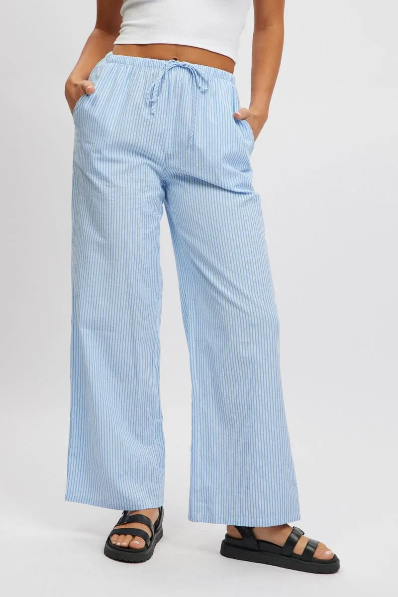 Blue Stripe Wide Leg Pants High Rise Heat Control Comfortable Layering