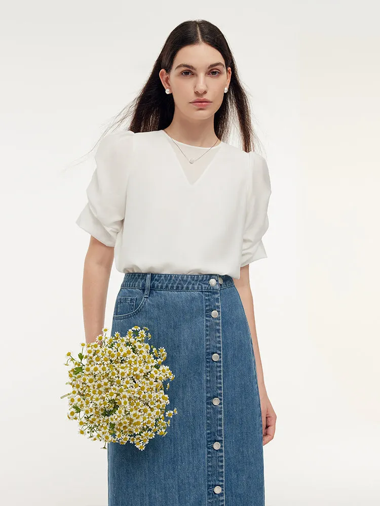 Casual All-Day Acetate Ruched Puff Sleeve Women T-Shirt