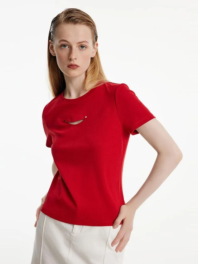 Basic Smile Hollow T-Shirt Boat Neck