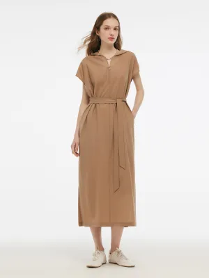 Business Outfit Worsted Wool Blend Women Hooded Belted Maxi Dress