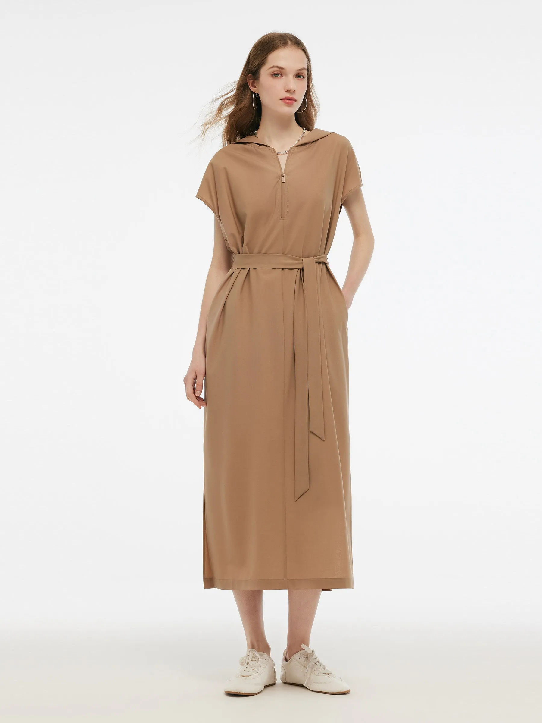 Worsted Wool Blend Women Hooded Belted Maxi Dress Modern Boots