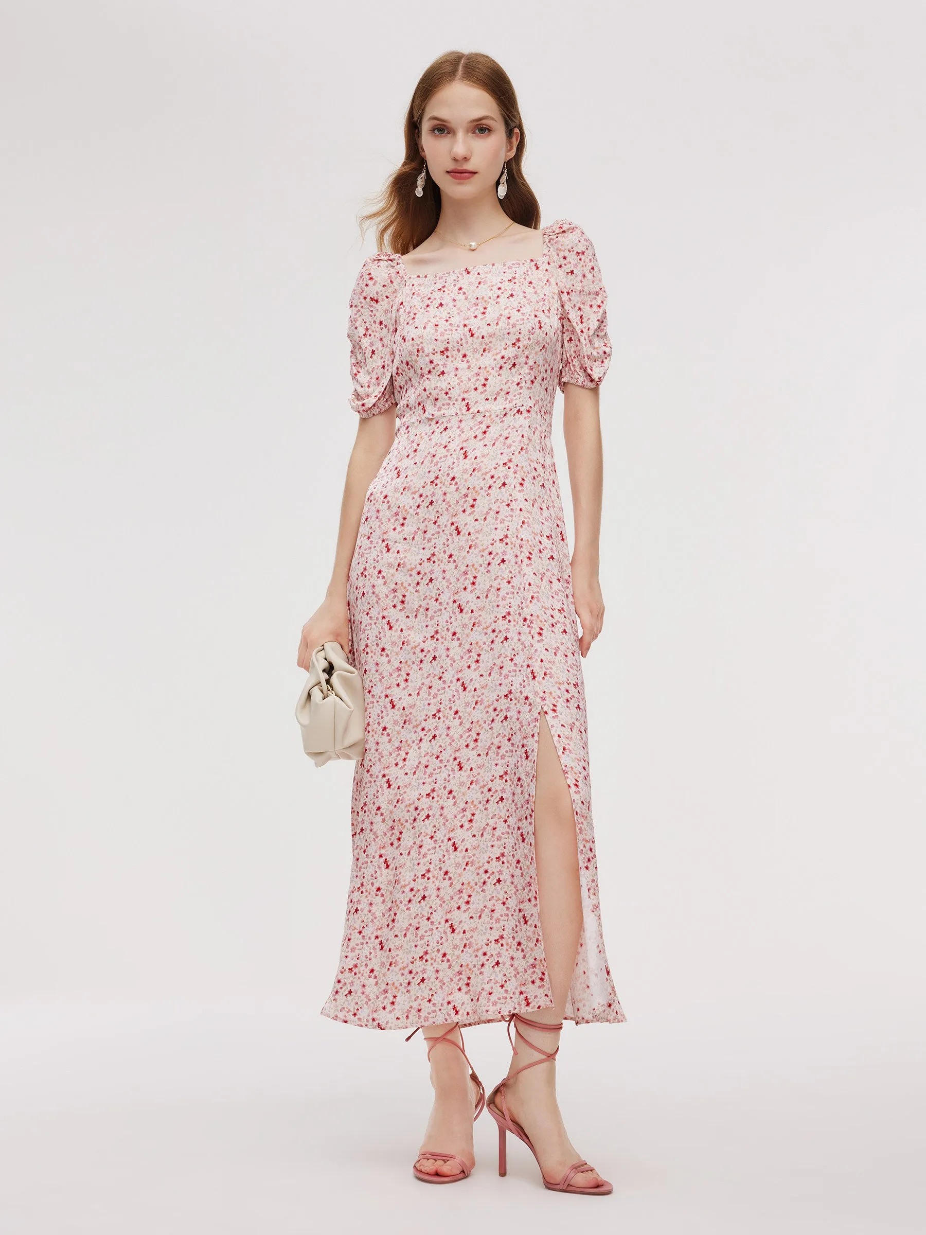 Floral Print Side Slit Women Ruched Sleeve Maxi Dress Carry Ease Street Edge