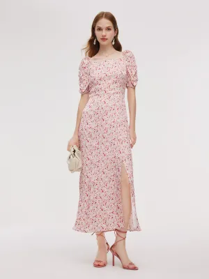 Floral Print Side Slit Women Ruched Sleeve Maxi Dress Everyday Outfit