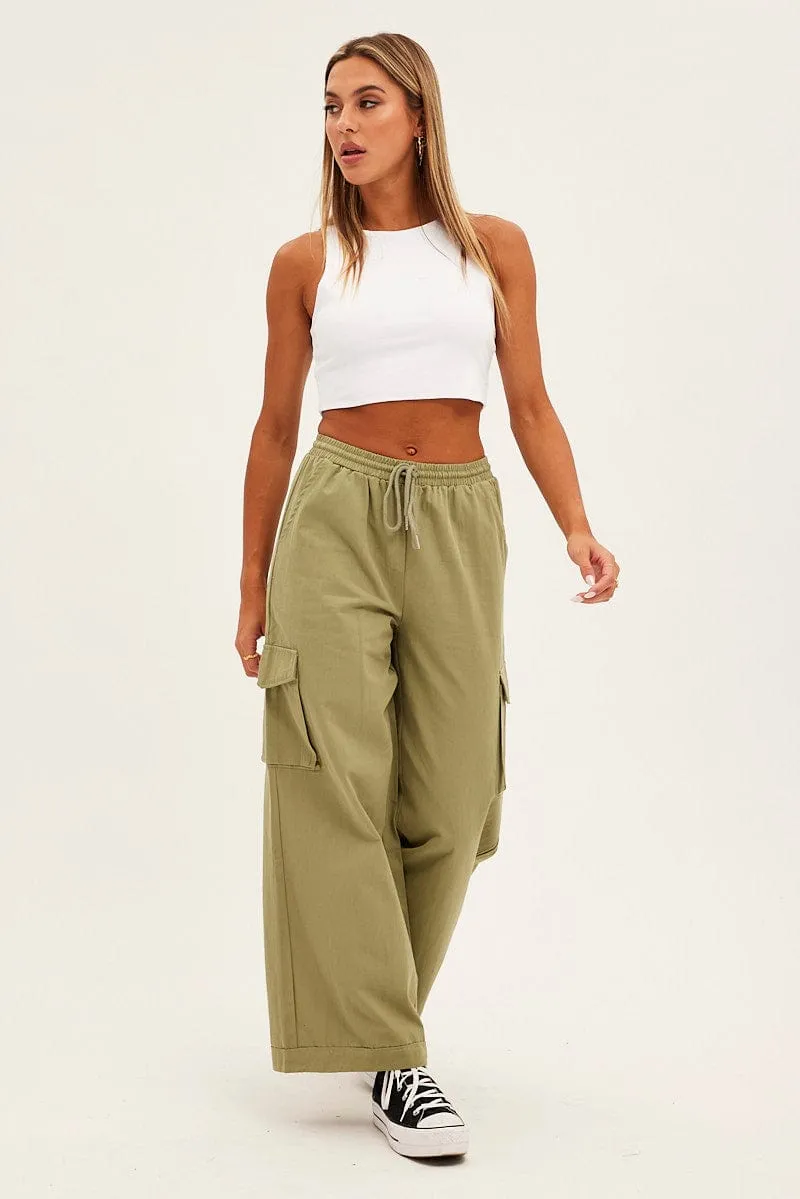 Green Cargo Pant Wide Leg Elastic Waist Cotton Twill Slim Silhouette