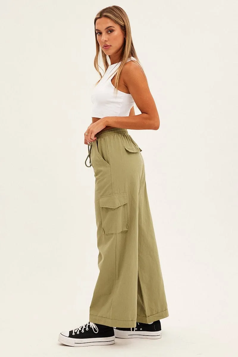 Sporty Look Green Cargo Pant Wide Leg Elastic Waist Cotton Twill
