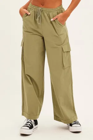 Green Cargo Pant Wide Leg Elastic Waist Cotton Twill Timeless Look