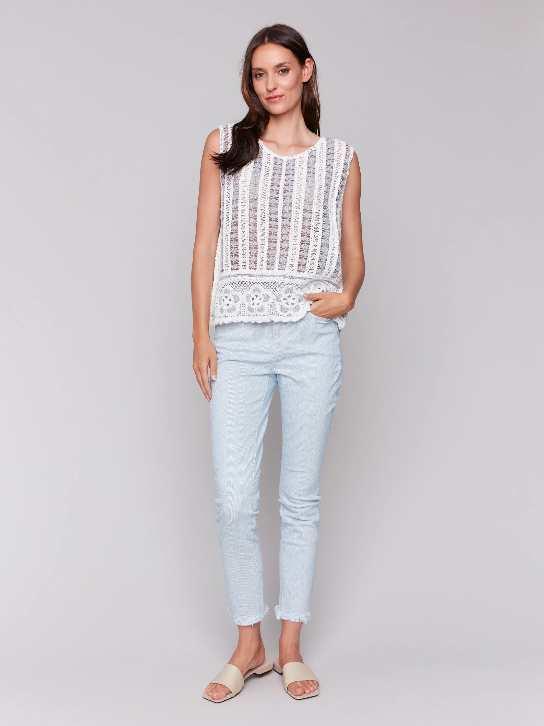 Sleeveless Floral Border Crochet Top - Bluebell Loopback Fabric