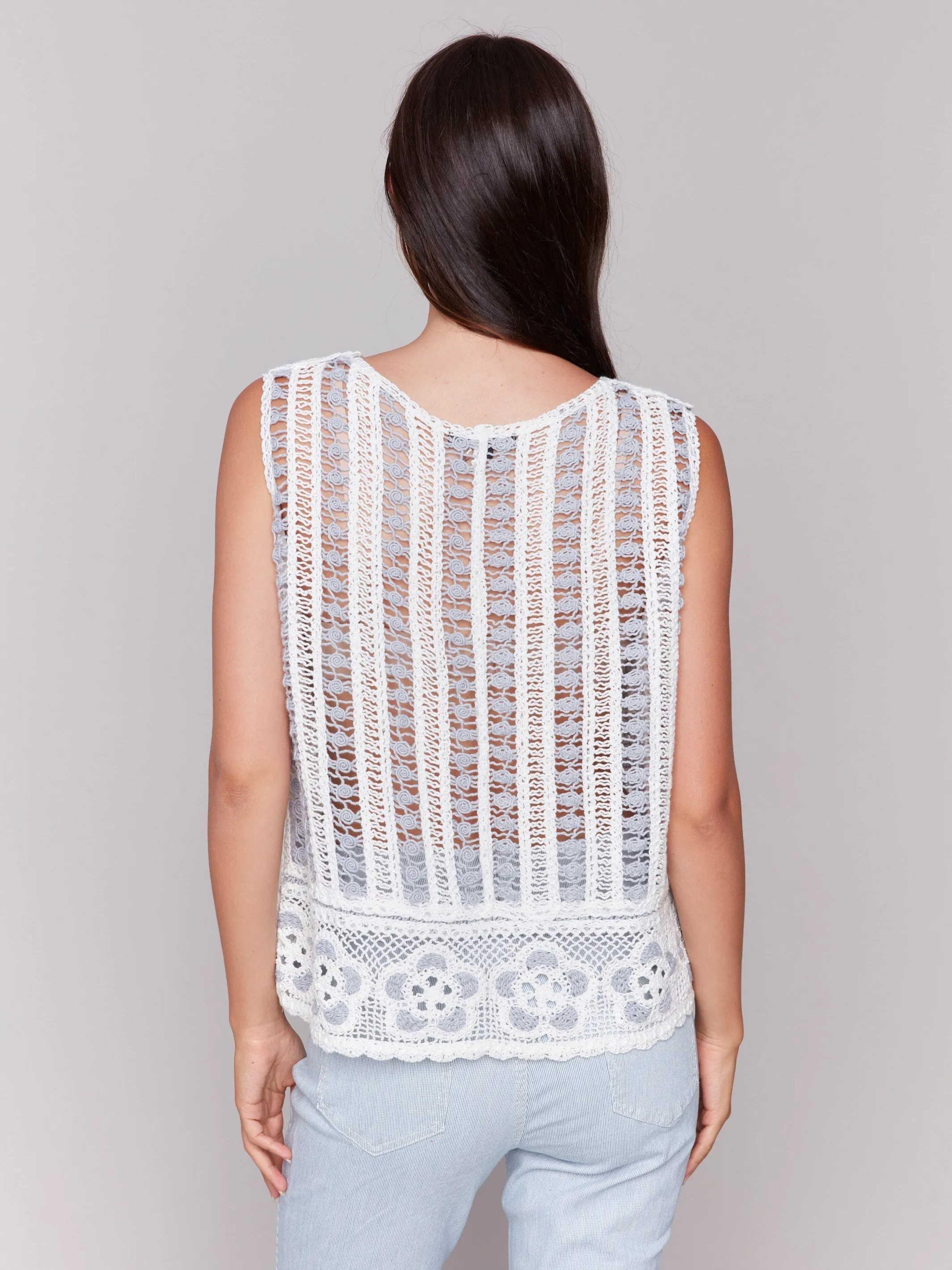 High Density Weave Cozy Apparel Sleeveless Floral Border Crochet Top - Bluebell