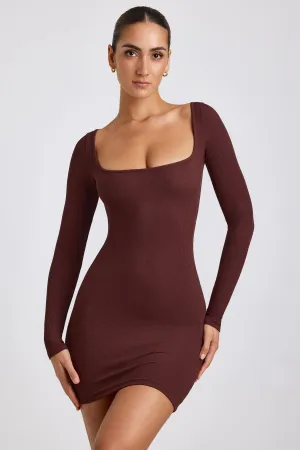 Flexible Waistband Hot Pick Ribbed Modal Long Sleeve Mini Dress in Chocolate