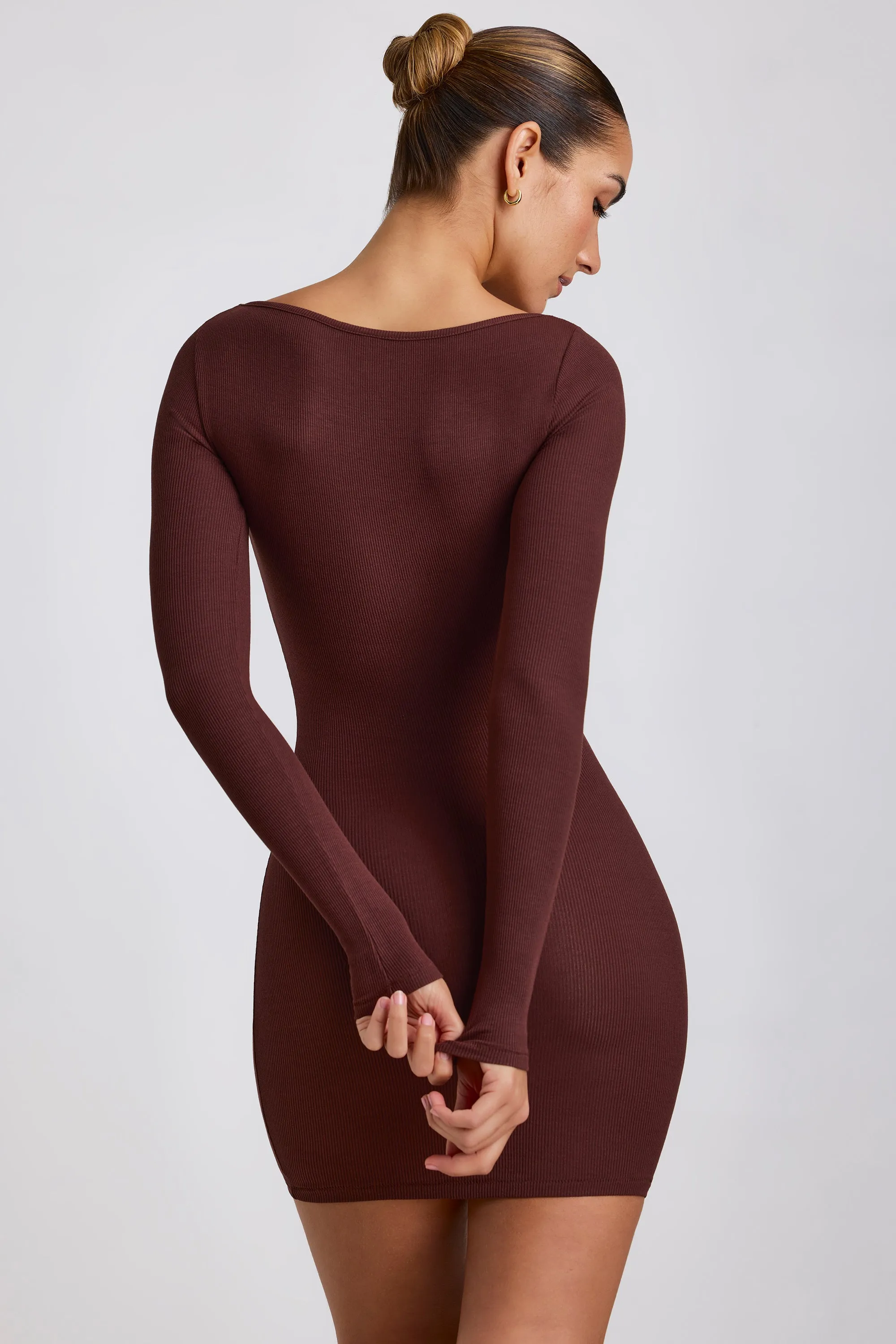 Light Charm Soft Brushed Interior Ribbed Modal Long Sleeve Mini Dress in Chocolate