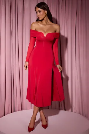 Halo Glow Off-Shoulder Lace-Up A-Line Midaxi Dress in Red