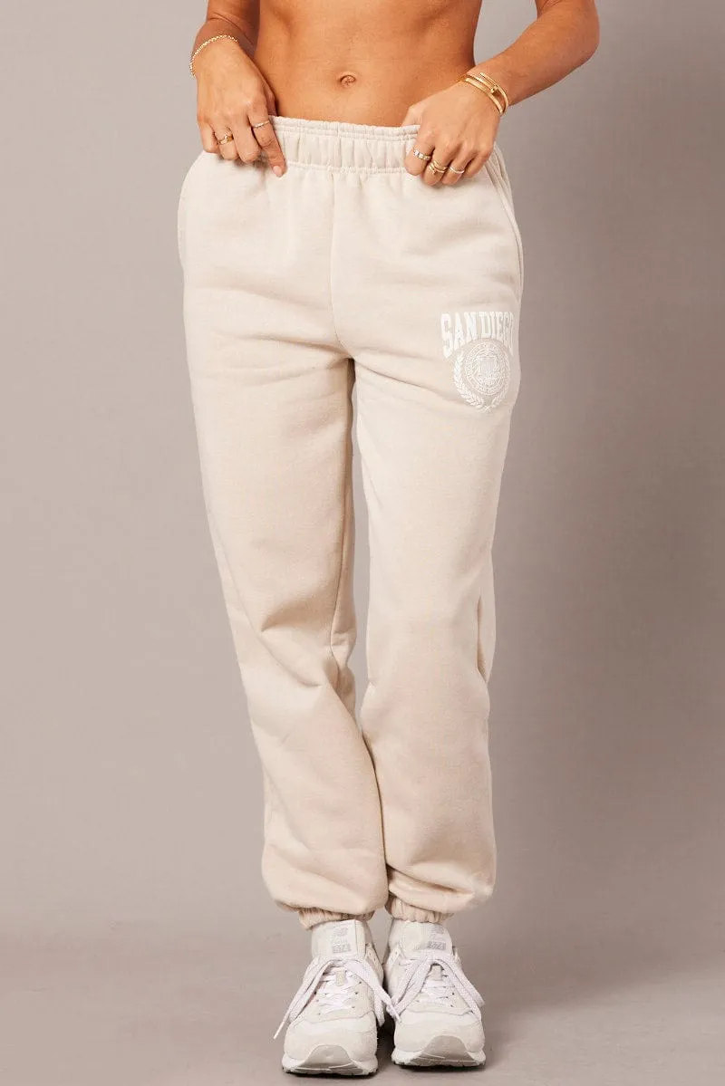 Beige Track Pants High Rise Durable Seam Construction