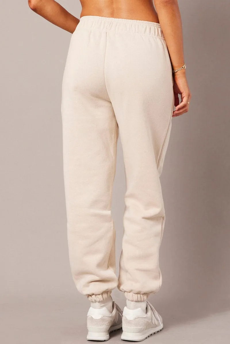 Windproof Membrane Anti Pilling Textile Beige Track Pants High Rise