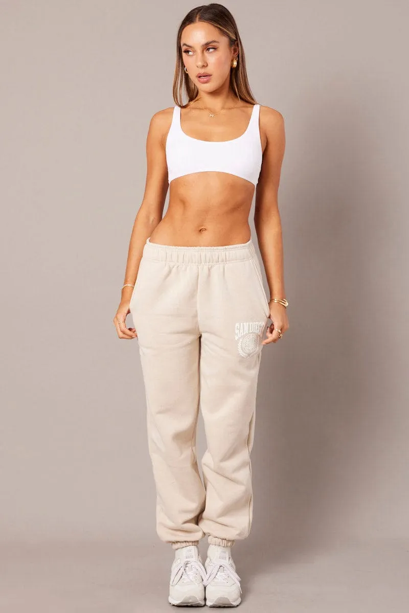 Beige Track Pants High Rise Button front