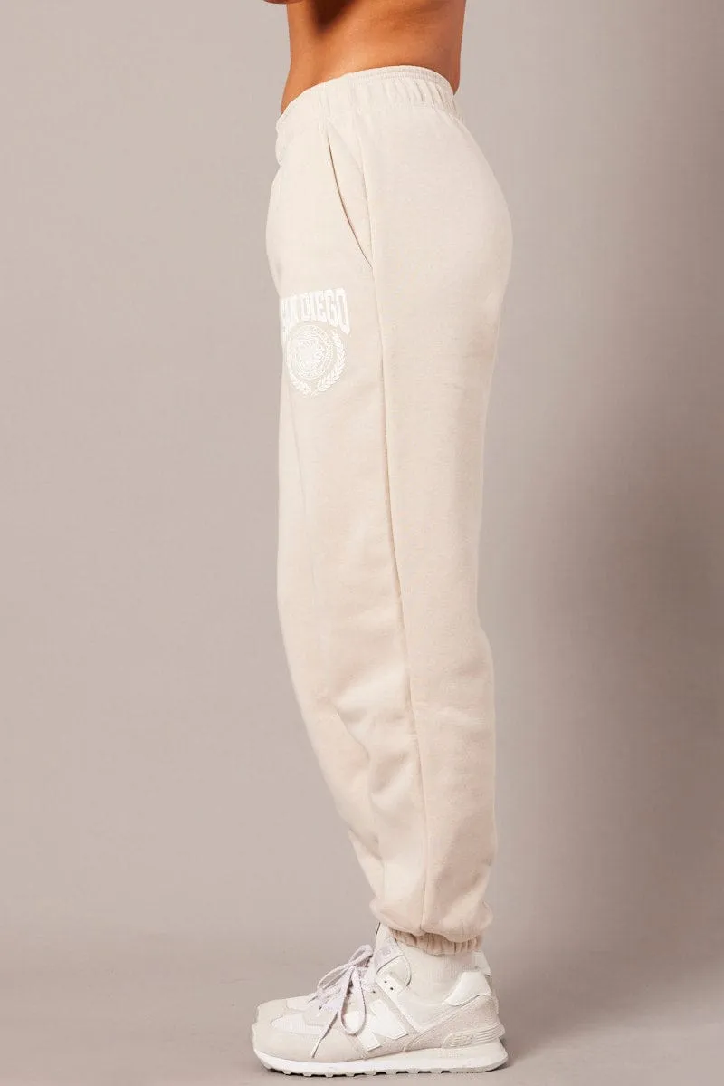 High Waist Casual Essentials Beige Track Pants High Rise