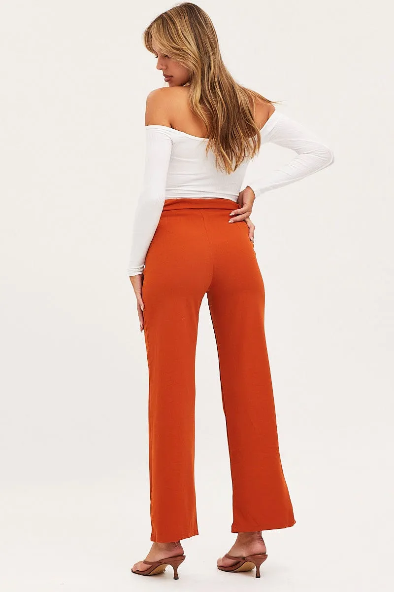 Casual Comfort Wear SturdyBeltLoops Beige Wide Leg Pants High Rise