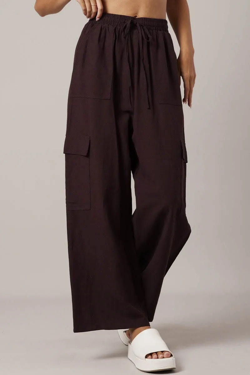 Brown Relaxed Cargo Pant Elasticated Waist Sporty Cut MultiPocketDesign