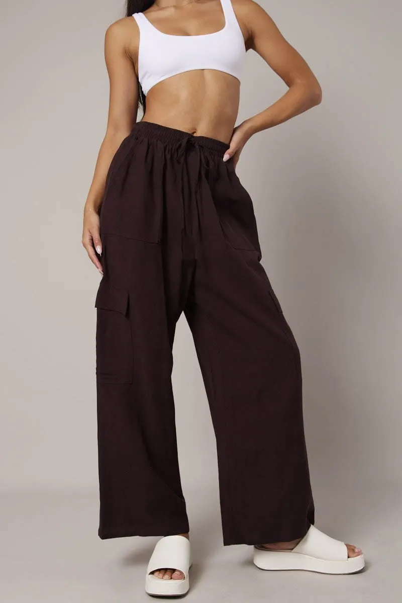 High Rise Design Brown Relaxed Cargo Pant Elasticated Waist