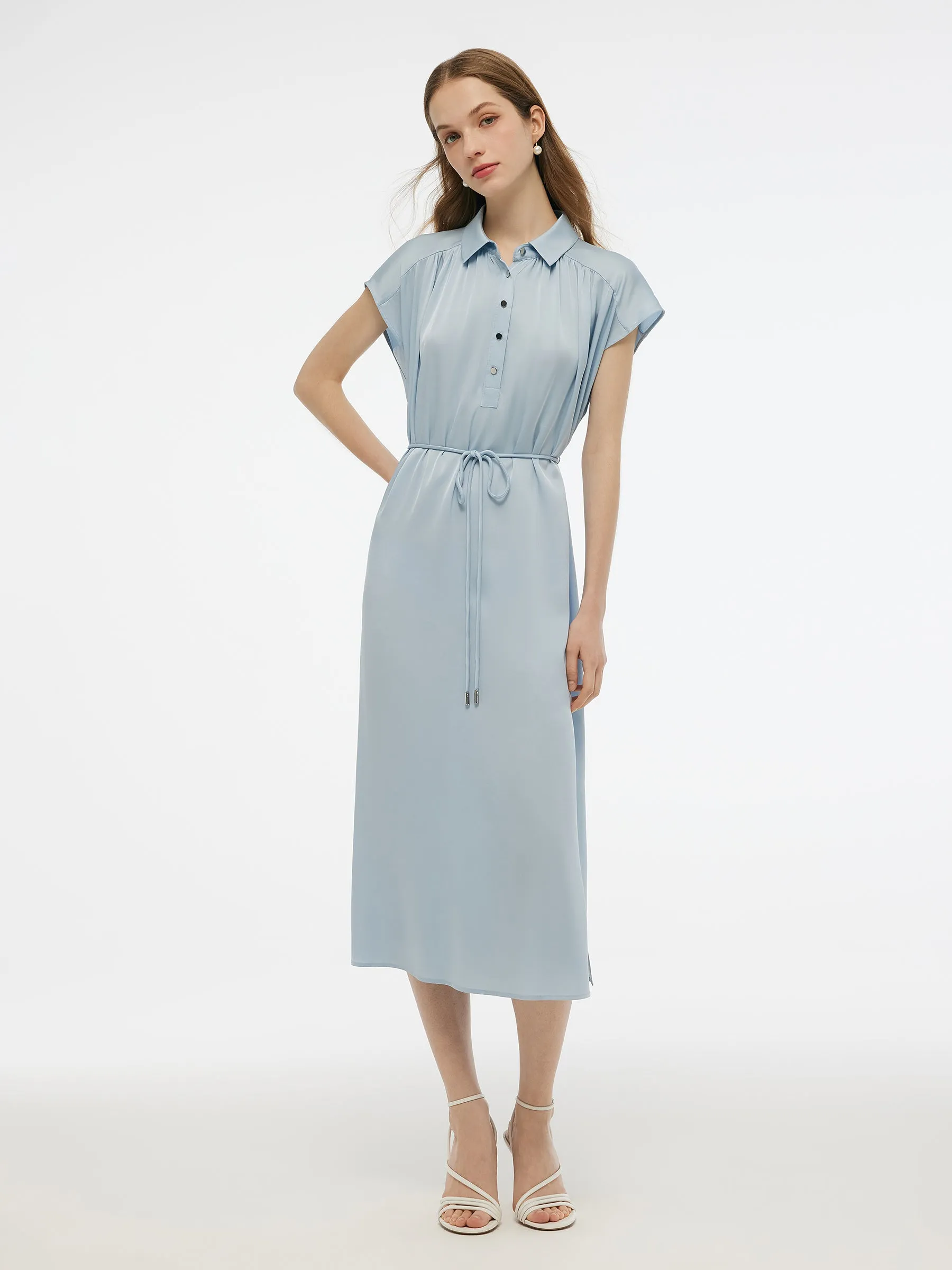 mesh ventilation 22MM Mulberry Silk Stretch Women Maxi Shirt Dress With Belt