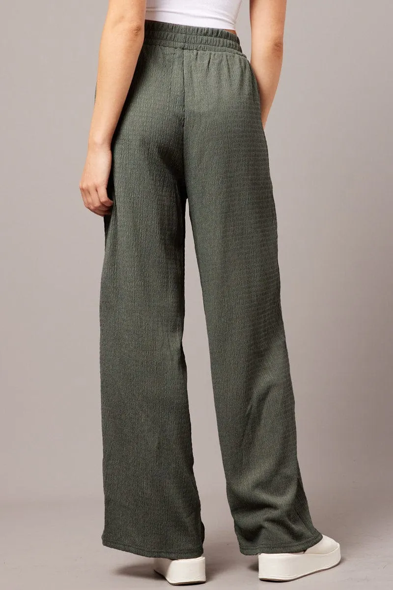 Green Wide Leg Pants Elasticated Waist Soft Brush Lining Sporty Comfort Wear
