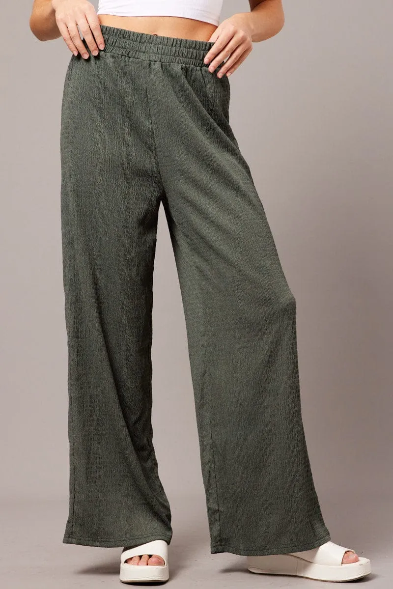 Green Wide Leg Pants Elasticated Waist Modern Waist