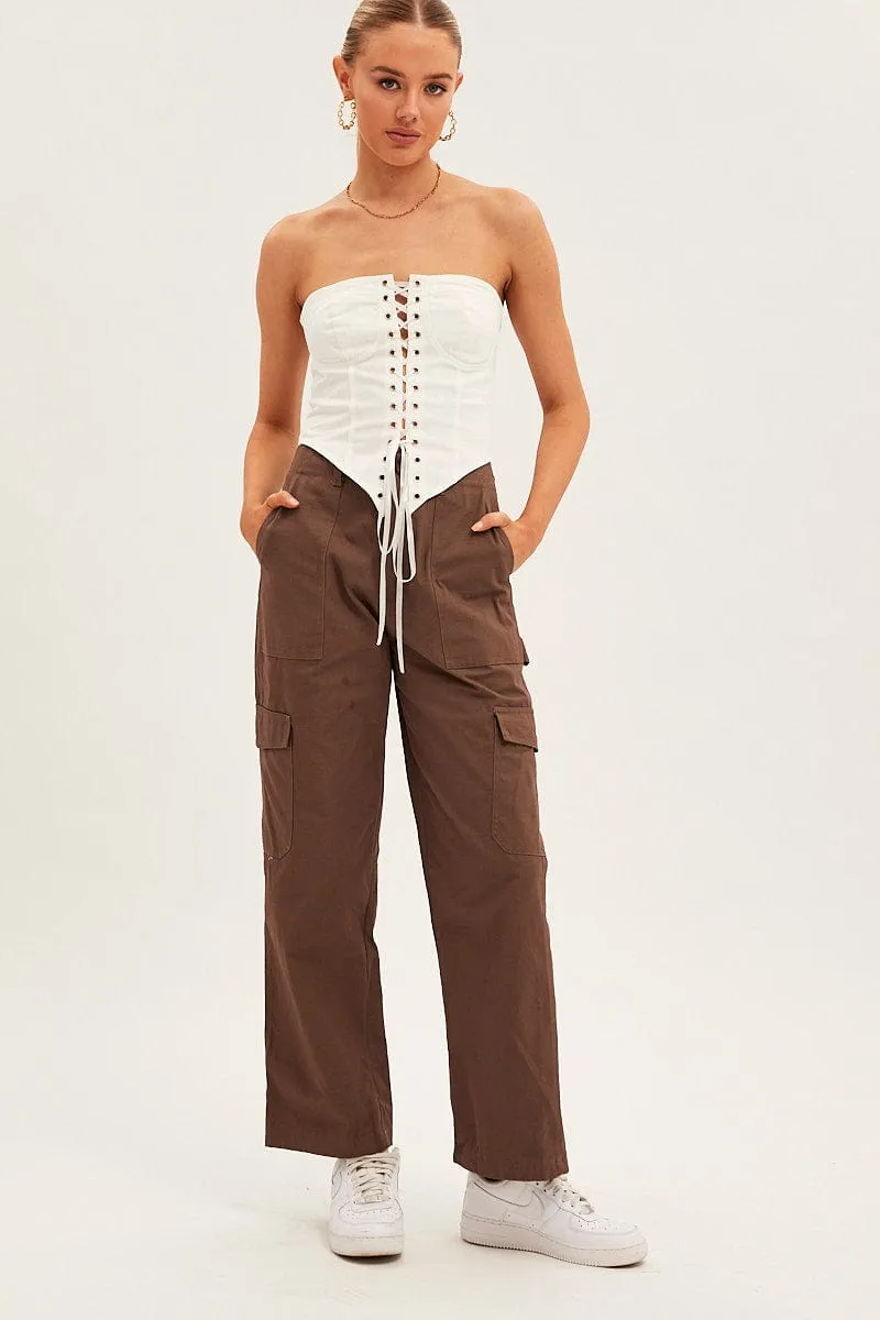 Brown Cargo Pants Mid Rise Tapered Leg Design