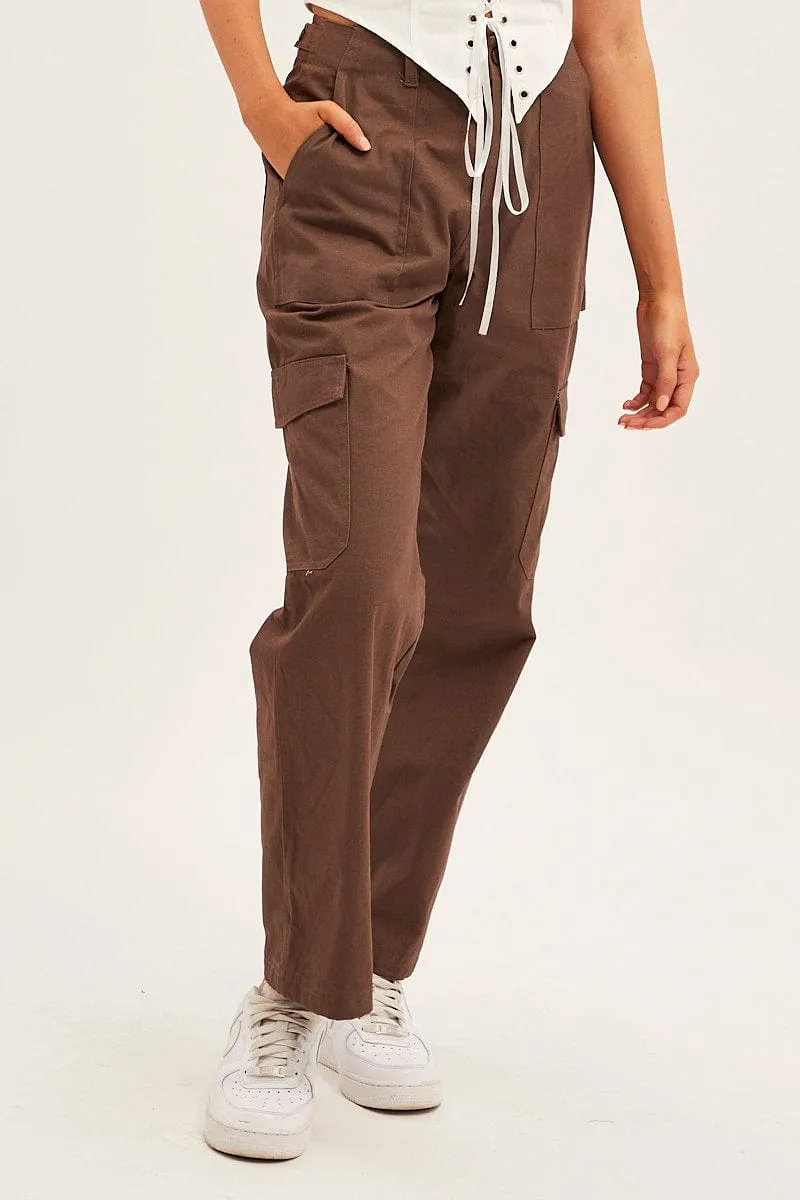 DoubleLayeredHem Hygienic Inner Layer Brown Cargo Pants Mid Rise