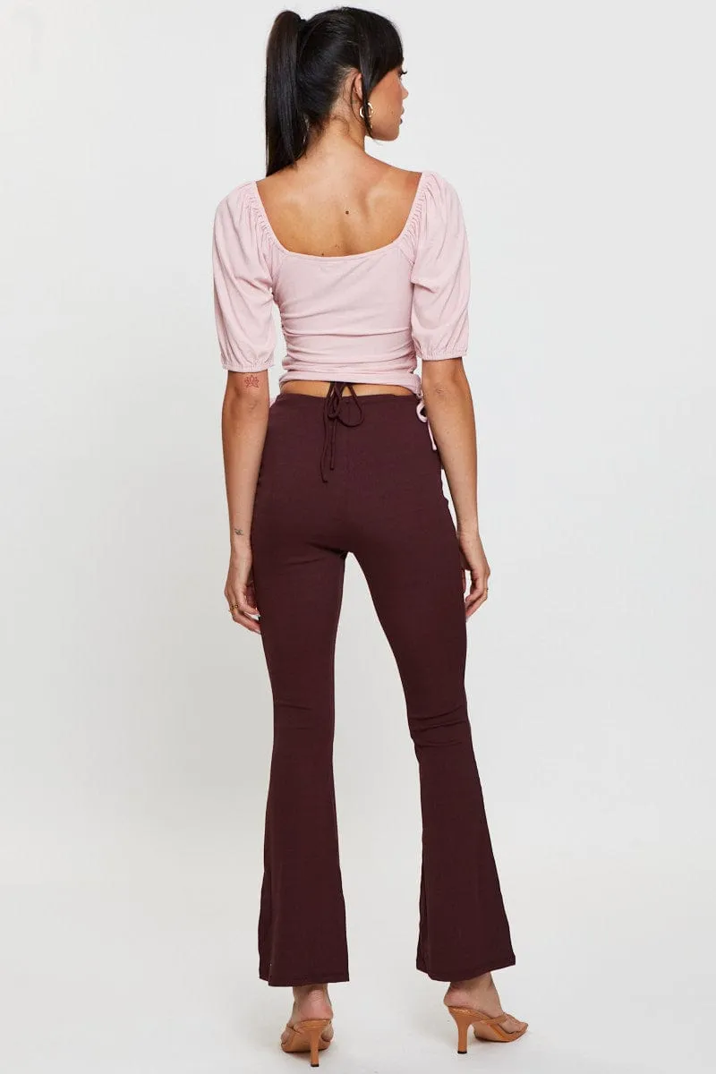 Brown Flare Pants High Rise Waist Tie Perfect Stretch