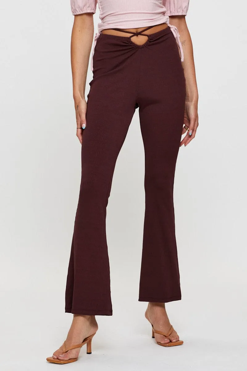 DoubleLayeredKnees Brown Flare Pants High Rise Waist Tie