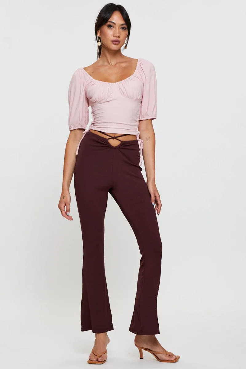 Non Irritating Tags Brown Flare Pants High Rise Waist Tie