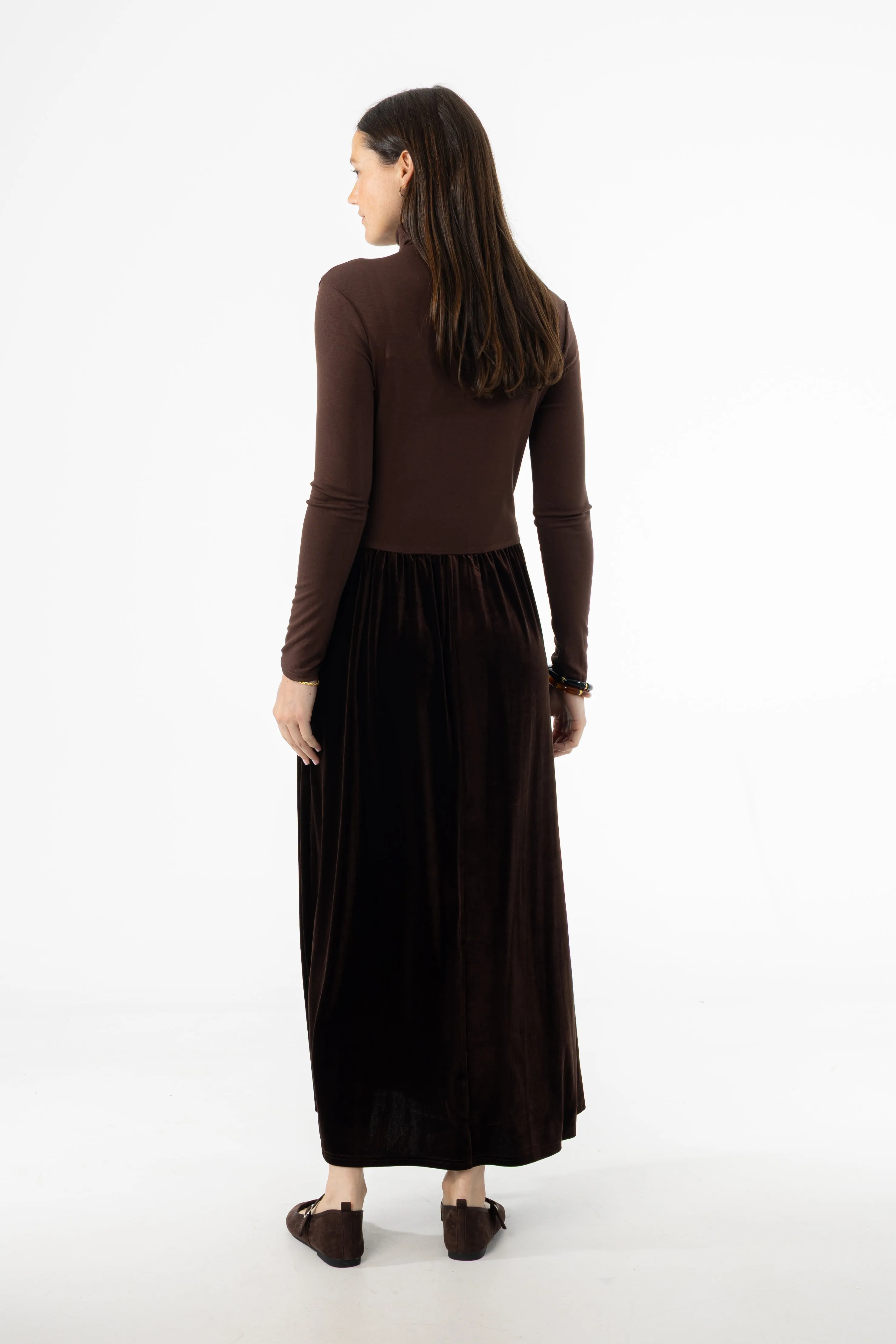 Lounge Wear Recycled Polyester Brown Combo Velour Mock Neck Dress