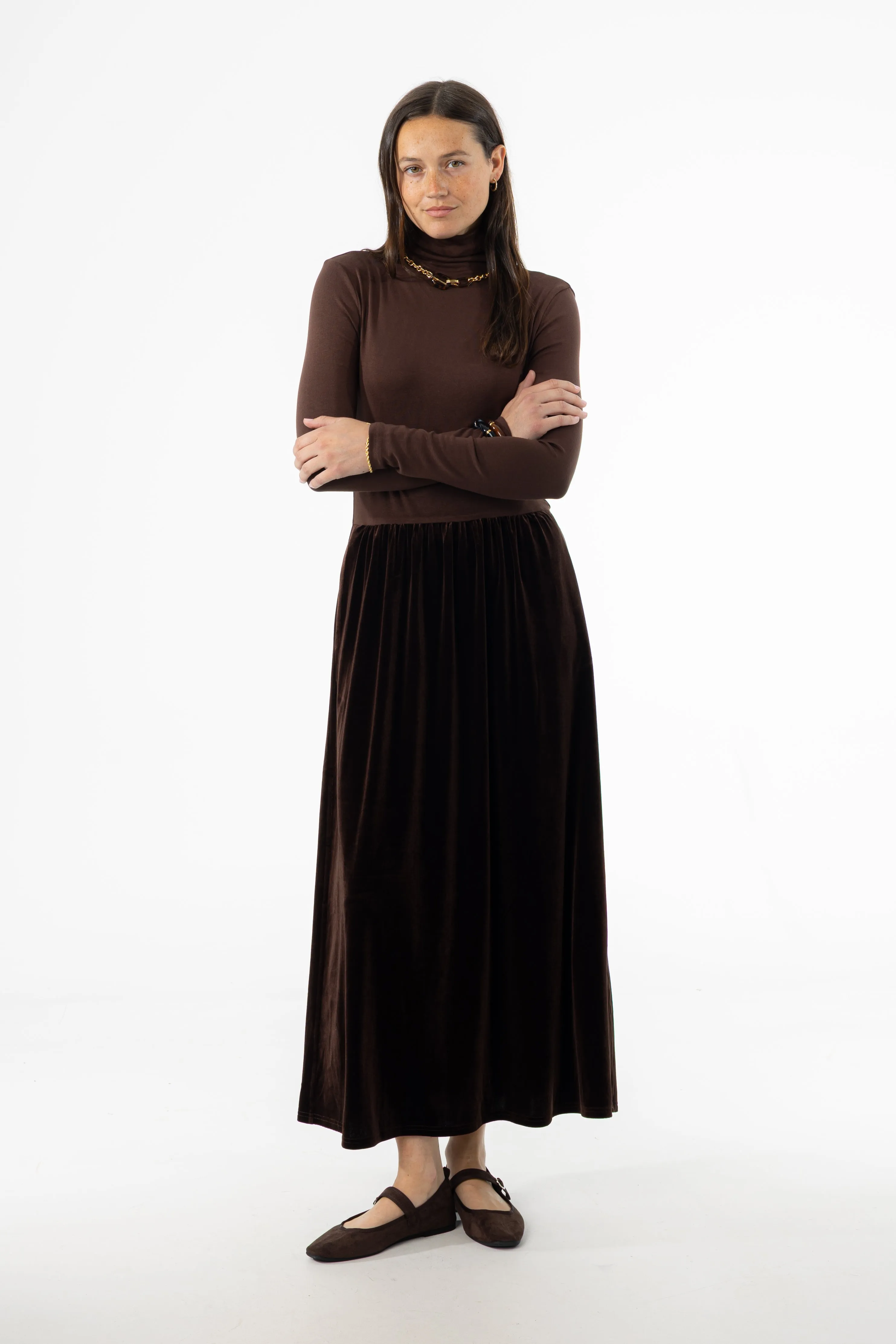 Brown Combo Velour Mock Neck Dress Sharp Line