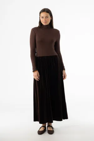 Brown Combo Velour Mock Neck Dress Shine Fit MinimalistDesign