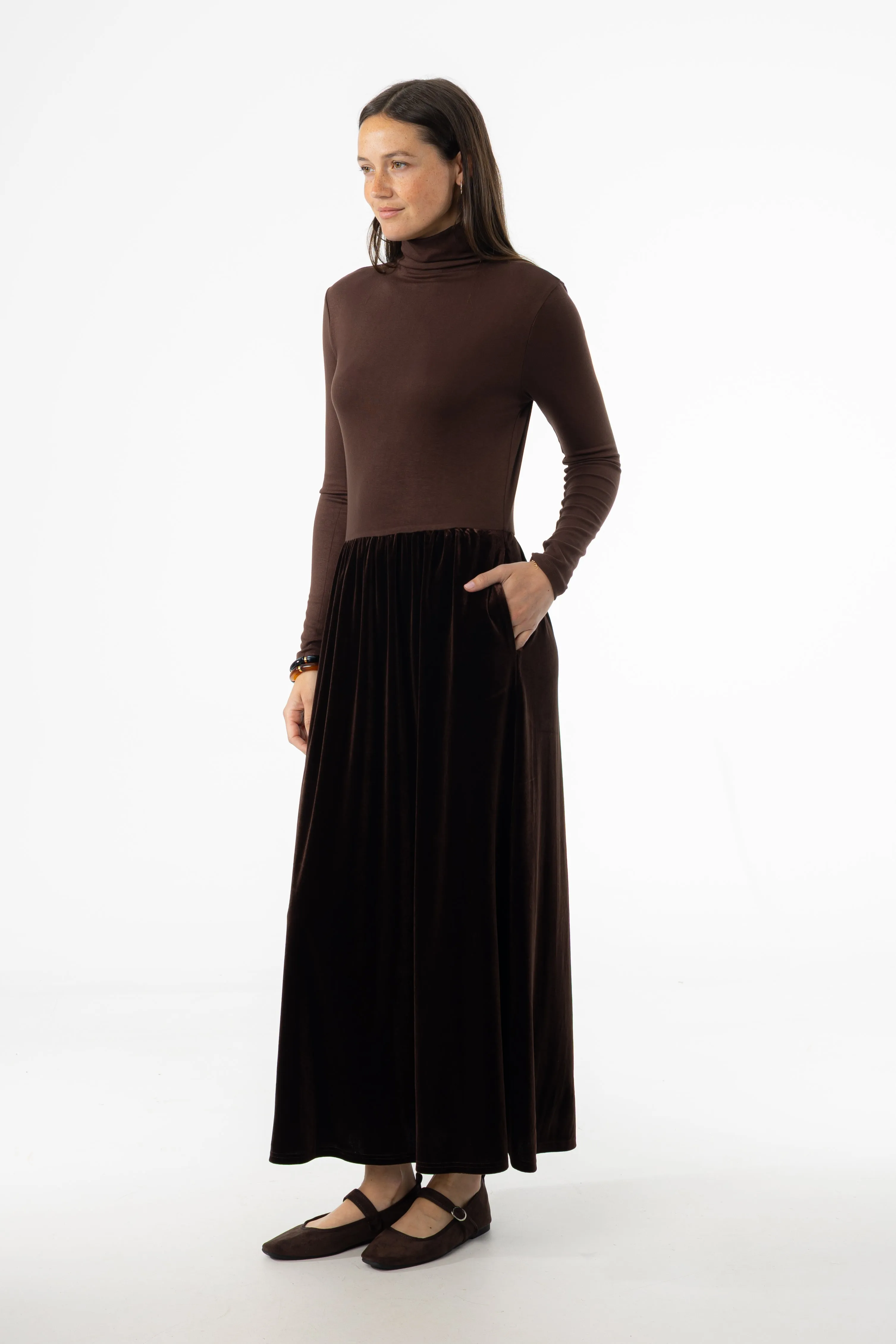 NonRestrictiveCut Effortless Fashion Brown Combo Velour Mock Neck Dress