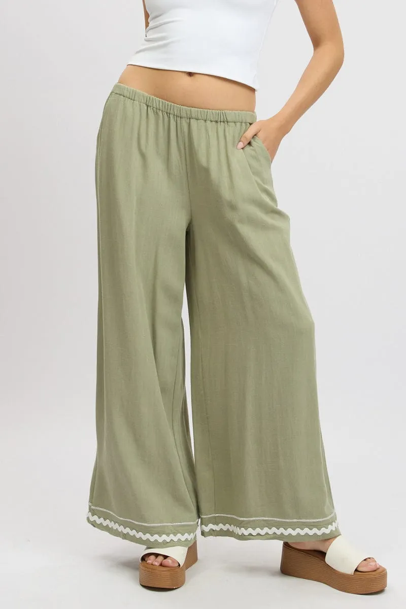 Green Wide Leg Pants High Rise Stylish Waistband