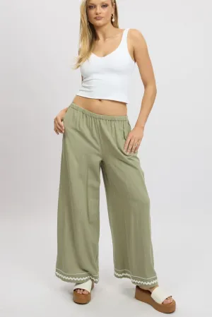 Green Wide Leg Pants High Rise Reflective Trim Embroidered Detail