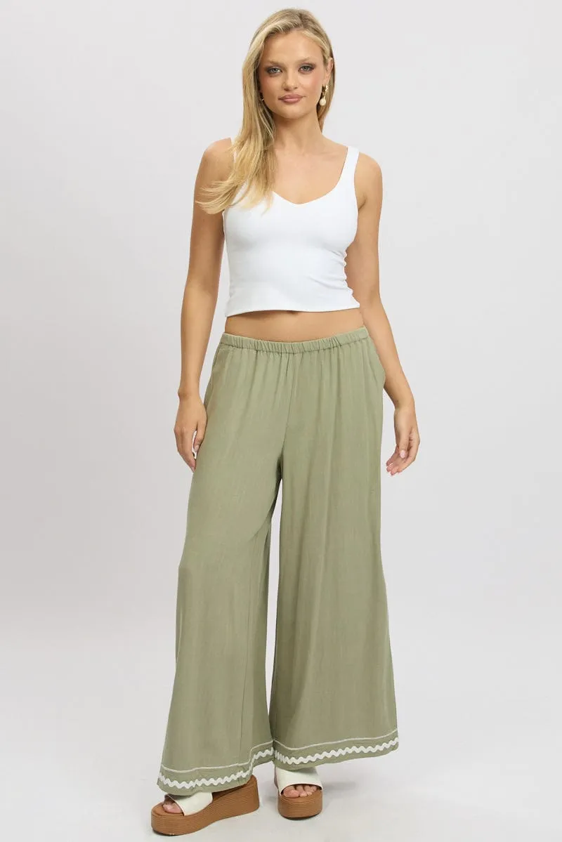 Green Wide Leg Pants High Rise Flexible Fit