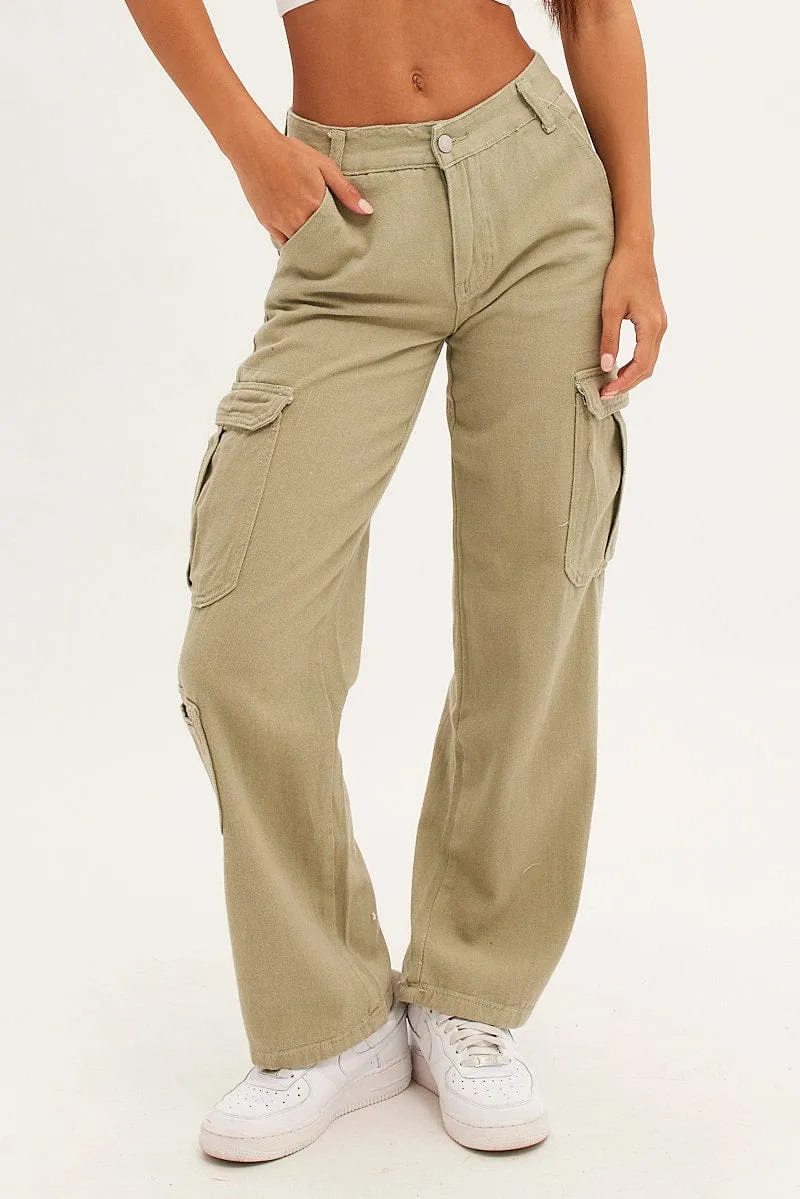 Water Resistant Finish Beige Cargo Parachute Low Rise Pants