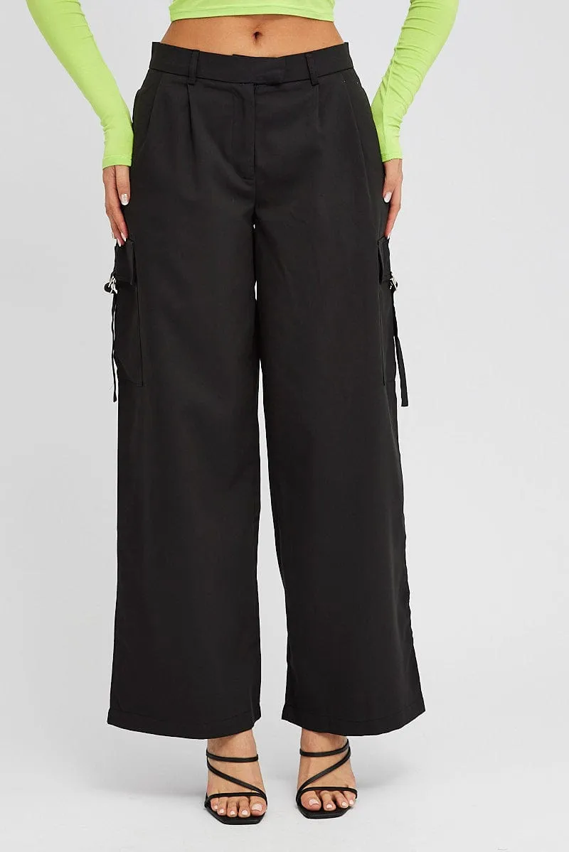 Trendy Wear Black Wide Leg Pants Low Rise