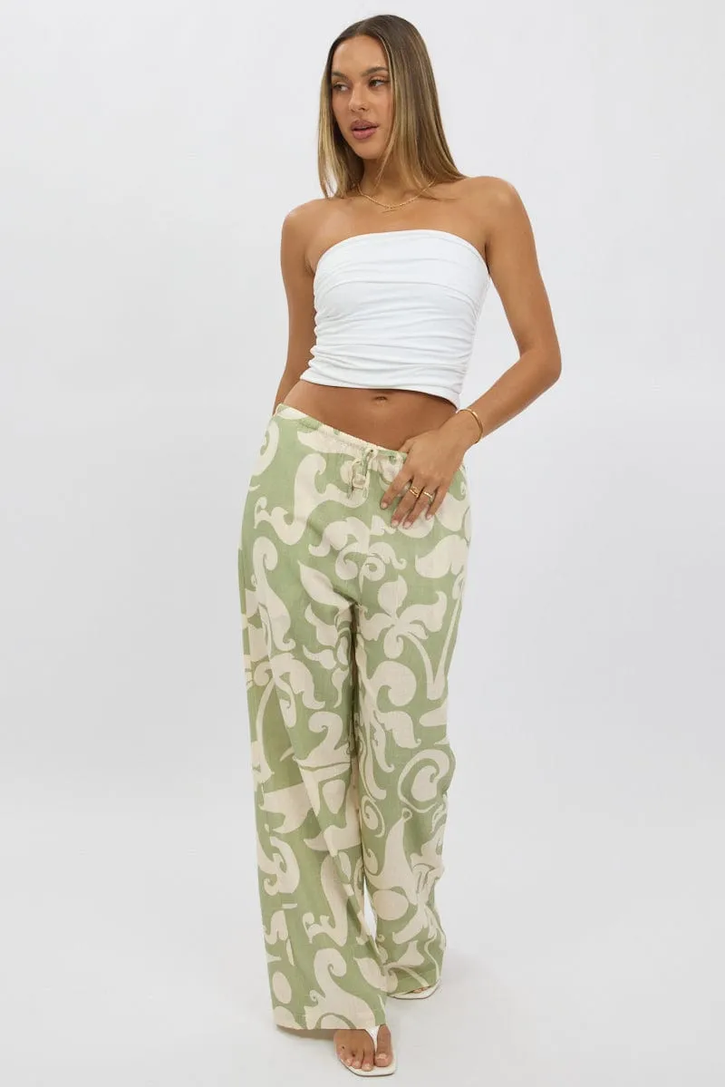 Green Abstract Wide Leg Pants High Rise Recycled fibers Essential Comfort Wear