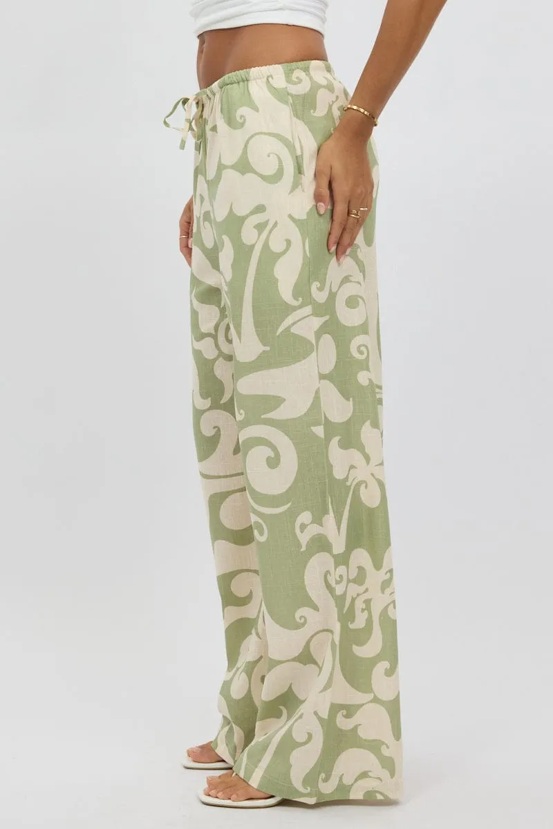 Low Bulk Design Adjustable Drawcord Green Abstract Wide Leg Pants High Rise