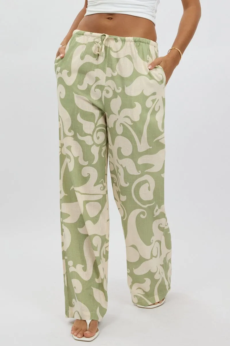 StretchMaterial Quick Release Buckle Green Abstract Wide Leg Pants High Rise