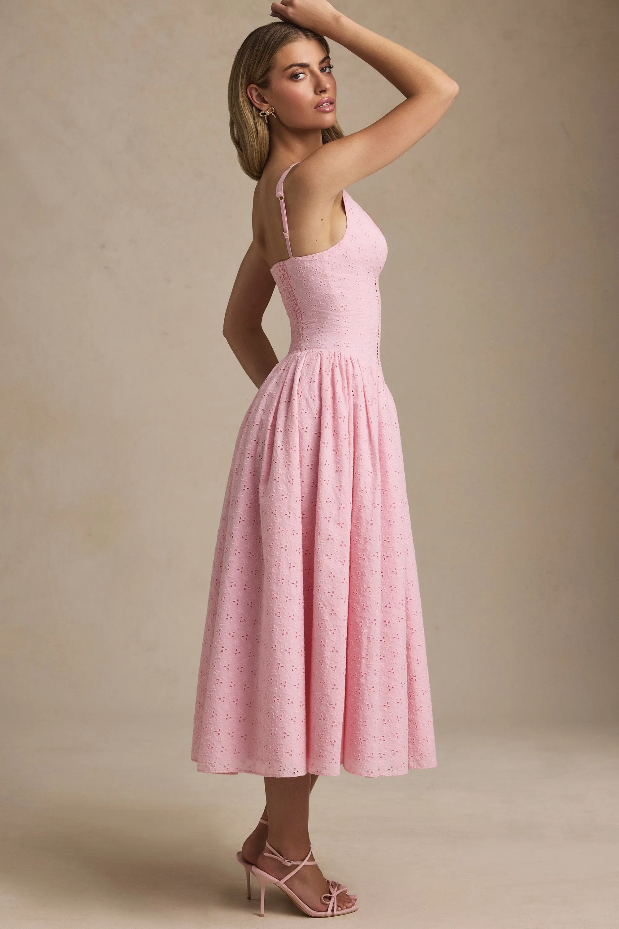 Broderie Anglaise Bow-Detail A-Line Midaxi Dress in Soft Pink WeightlessLayeringPiece