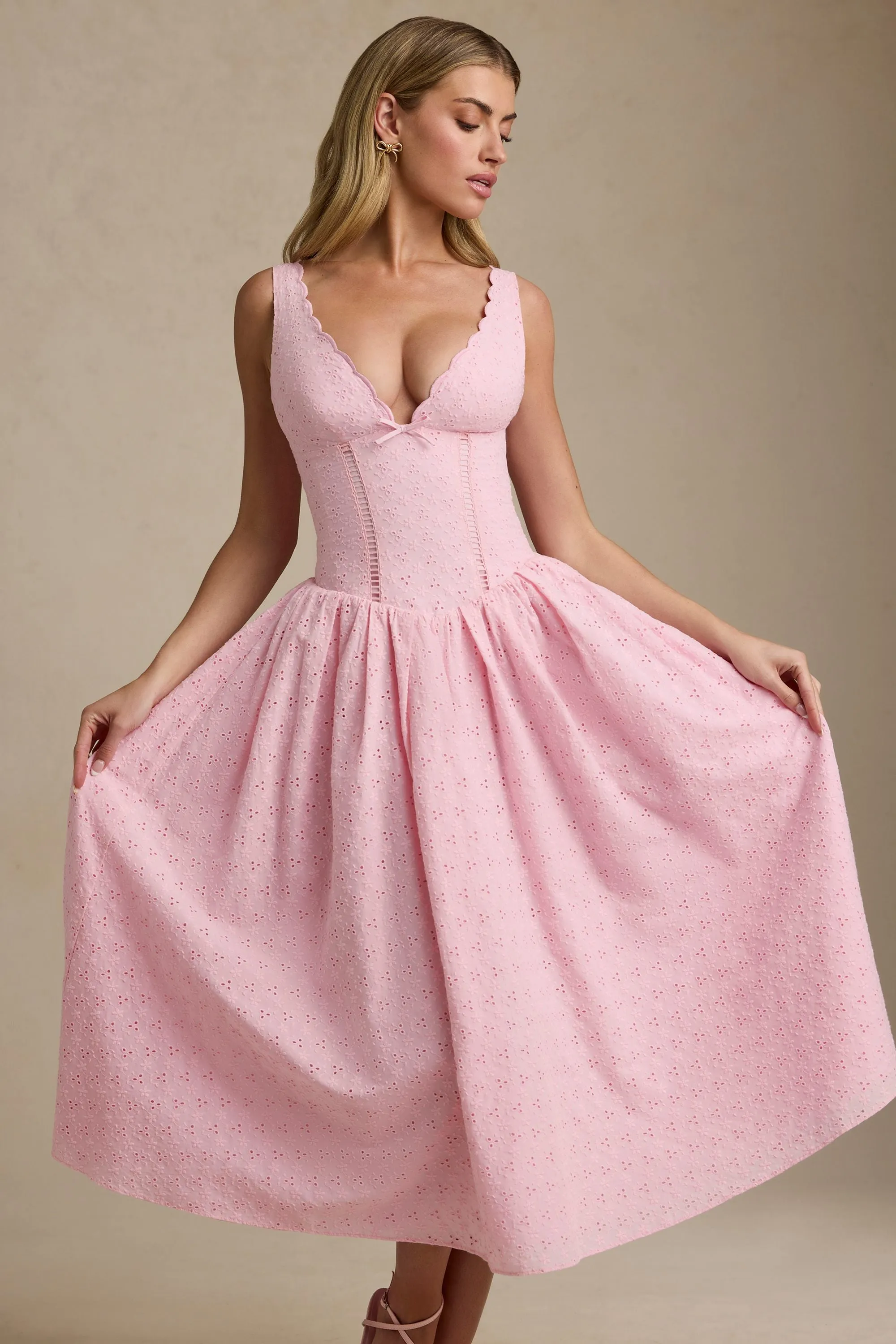 Broderie Anglaise Bow-Detail A-Line Midaxi Dress in Soft Pink Warm Sweater TensionAdjustedWaistband