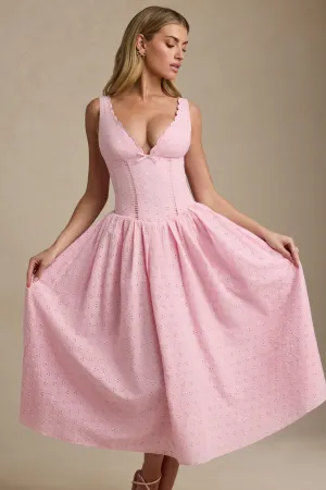 Broderie Anglaise Bow-Detail A-Line Midaxi Dress in Soft Pink Warm Sweater TensionAdjustedWaistband