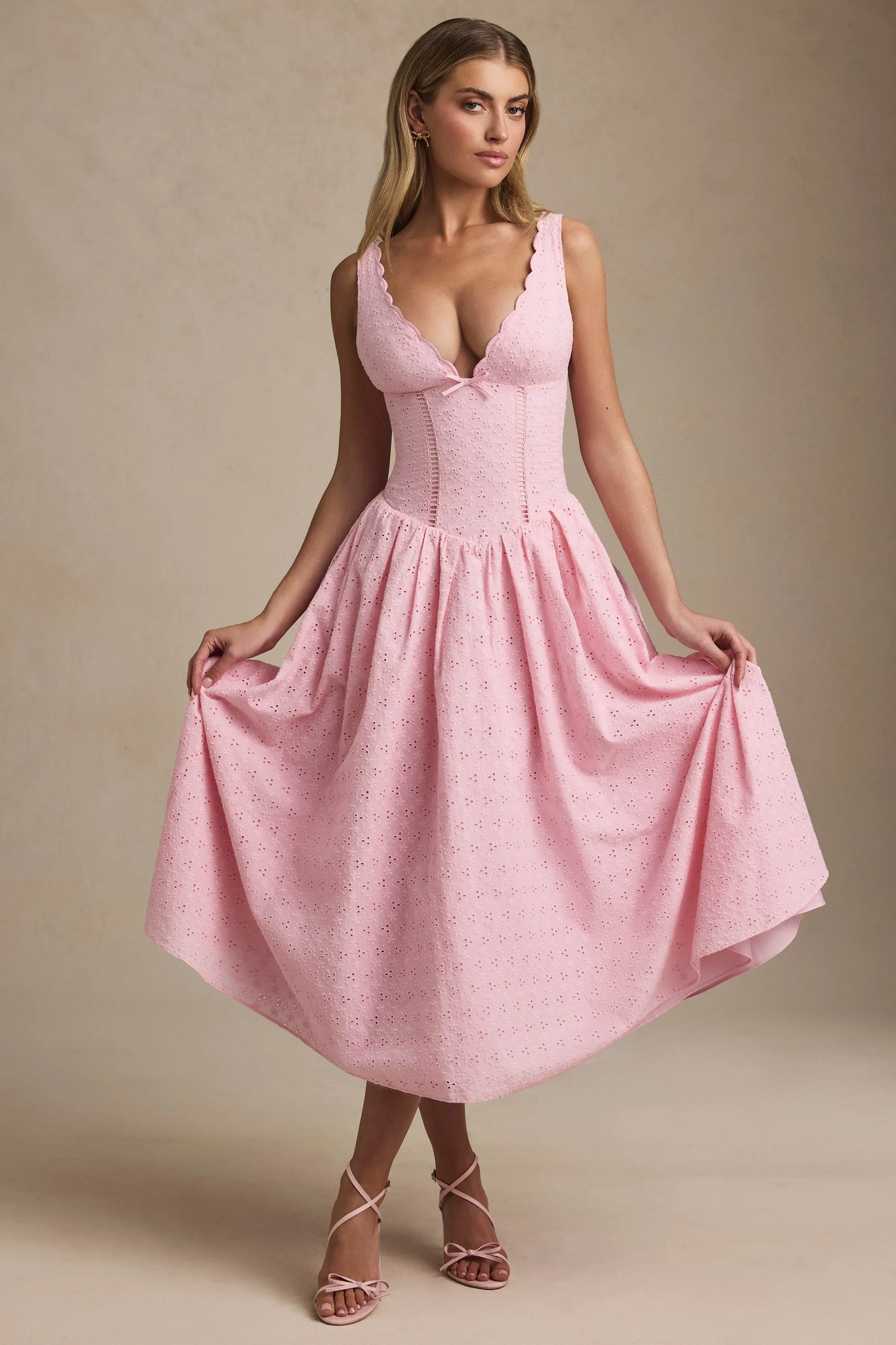 Broderie Anglaise Bow-Detail A-Line Midaxi Dress in Soft Pink Silver Glow