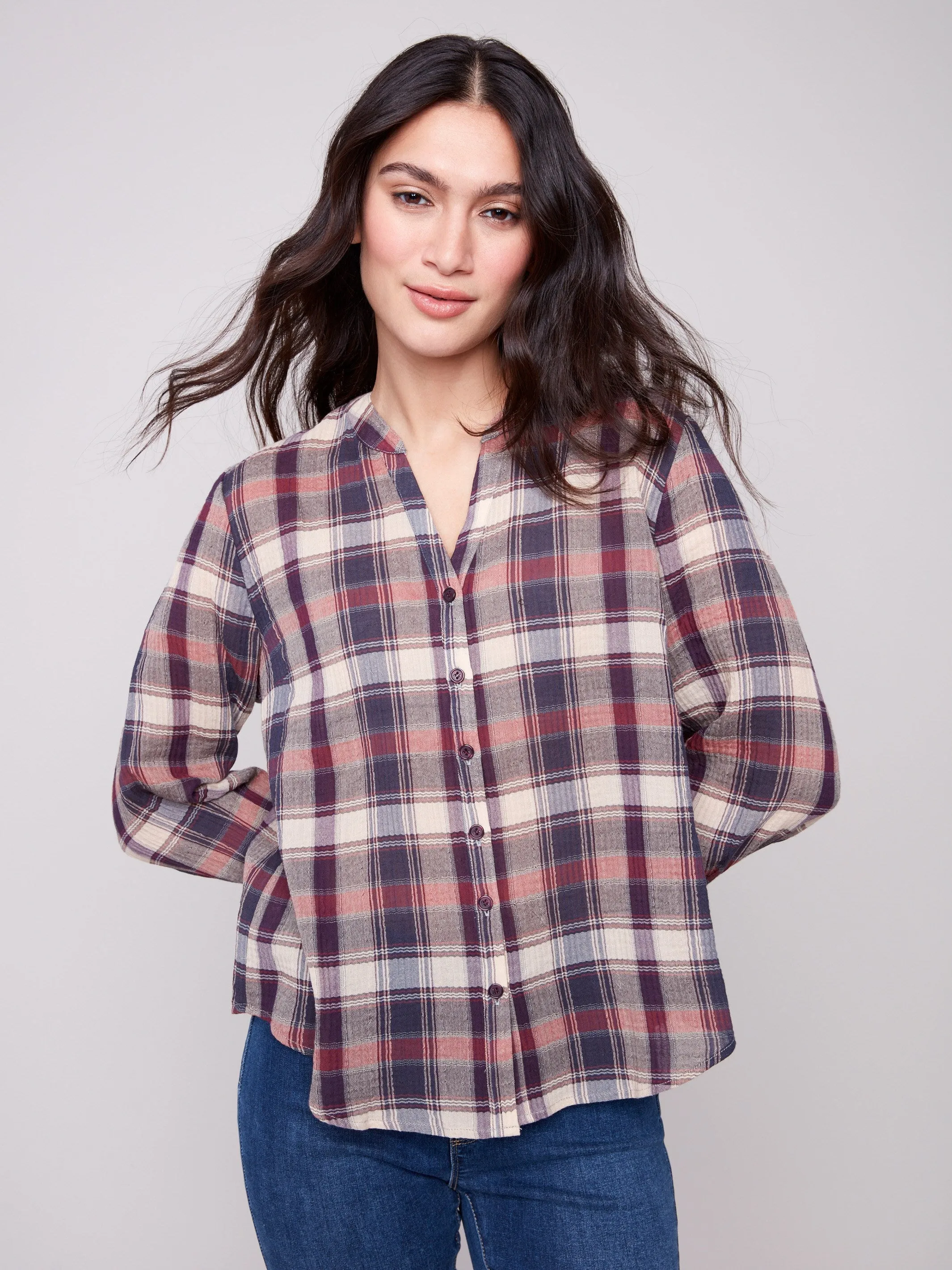 Plaid Bubble Gauze Button-Down Shirt - Berry Weather Ready Trend Vibe