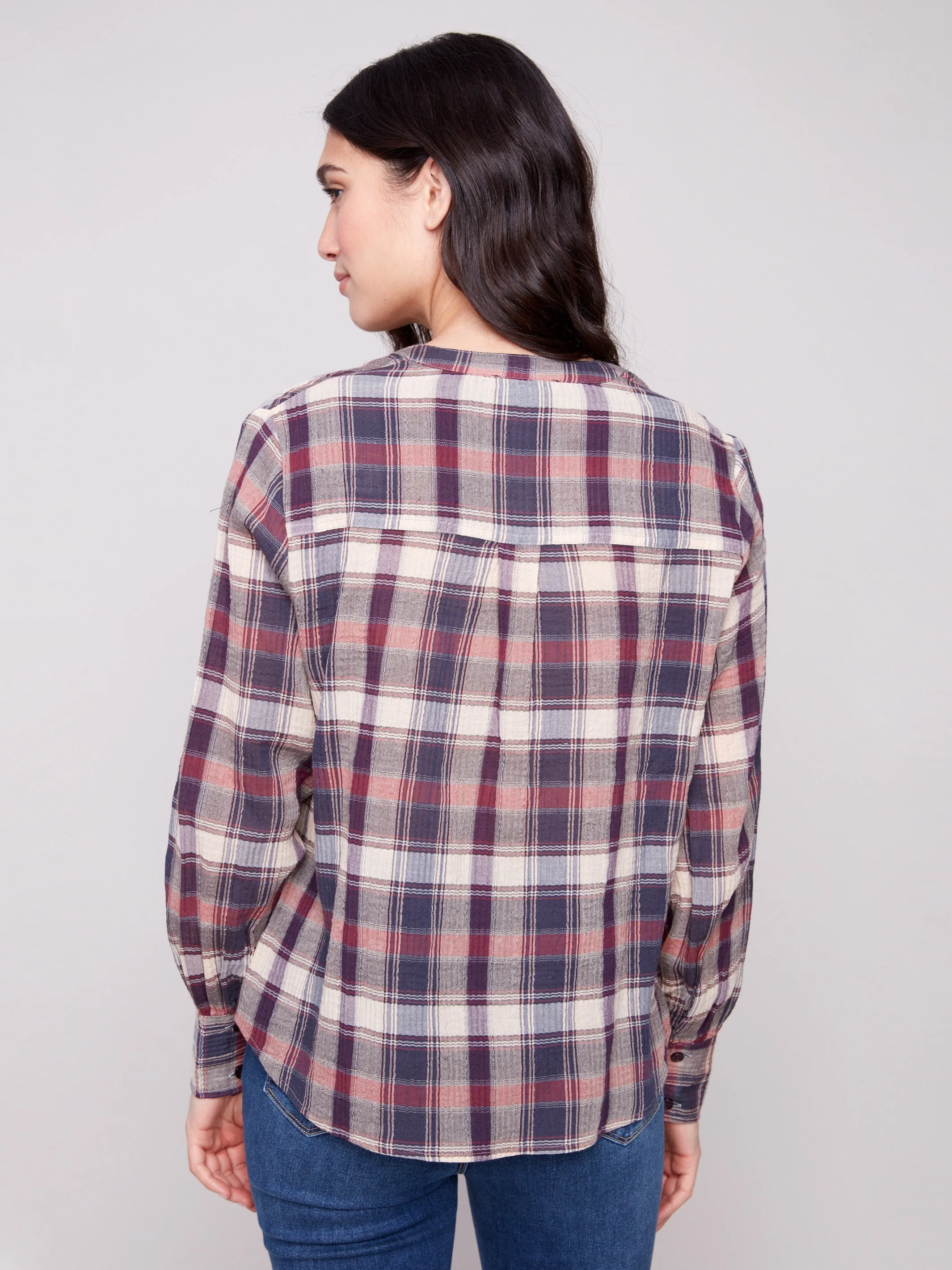 Plaid Bubble Gauze Button-Down Shirt - Berry Heat Safe